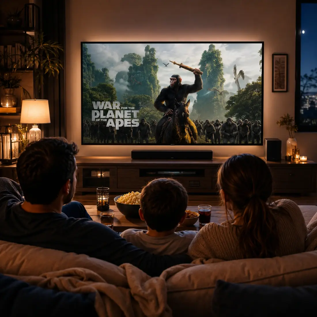A family watching a movie together on a big TV in the living room