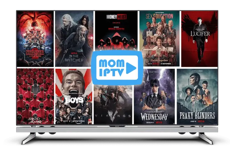 Mom IPTV on a smart TV, showing a grid of movies and series